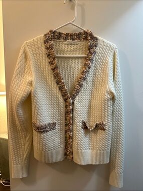 Yarn Station Cream Textured V-Neck Cardigan Sweater